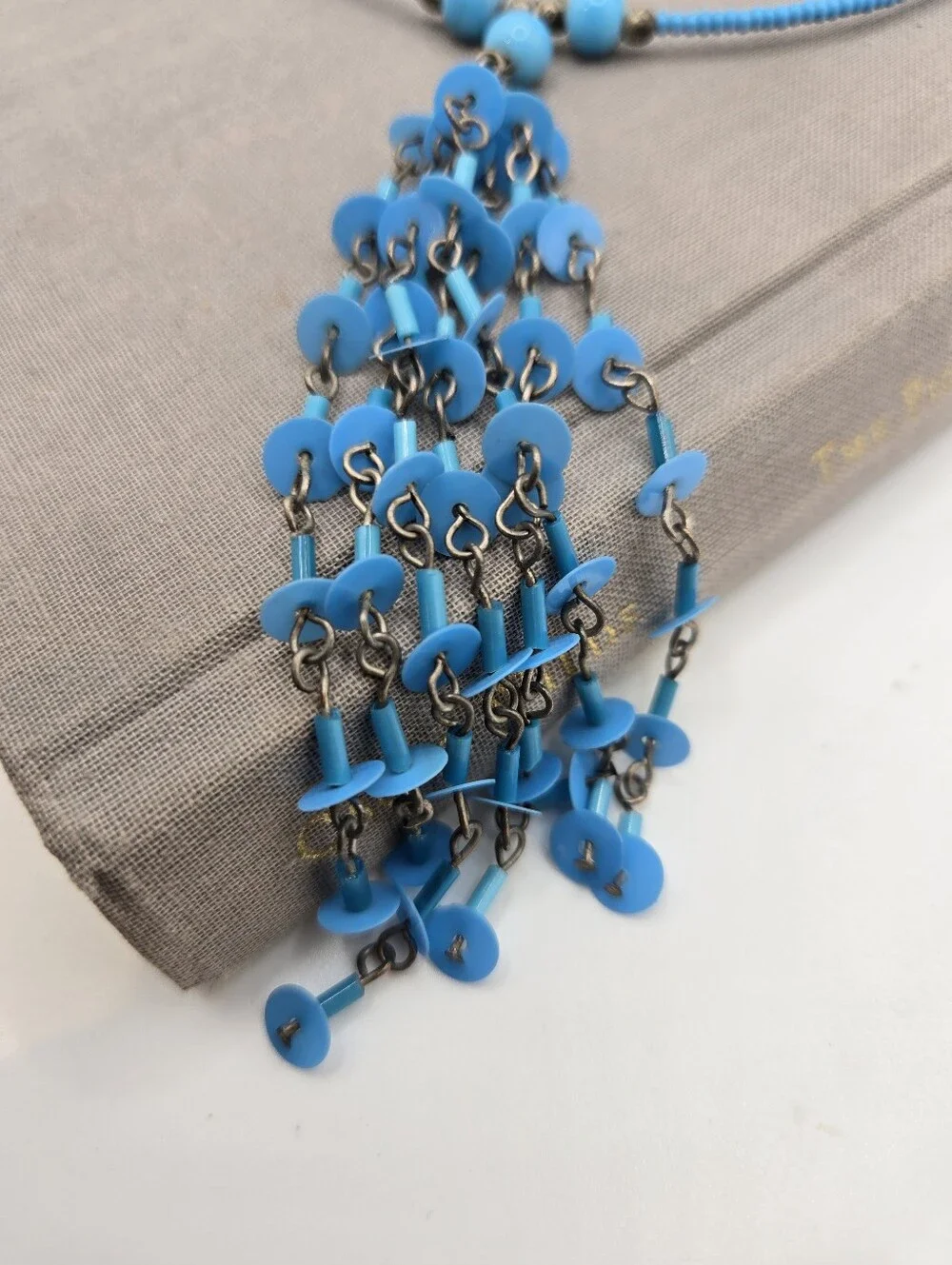 Y2k 90s Torque Choker Necklace Beaded Beachy Boho Mermaid Resort Blue - Picture 4 of 6